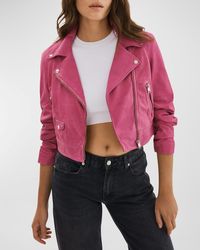Lamarque - Janika Gathered Crop-sleeve Suede Leather Crop Moto Jacket - Lyst