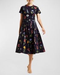 mestiza - Short-Sleeved Belted Floral Stretch Cotton Midi Dress - Lyst