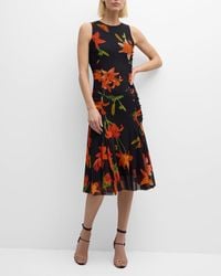 Fuzzi - Sleeveless Ruched Floral-Print Tulle Midi Dress - Lyst
