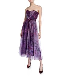 Marchesa notte Floral Colorblock Strapless Sweetheart Tea-length Tulle Dress - Purple