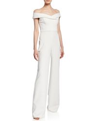 Black Halo Off-the-shoulder Short-sleeve Wide-leg Jumpsuit - White