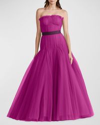 Zac Posen Strapless Pleated Tulle Contrast-waist Gown - Purple