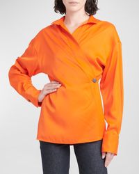Ferragamo - One-Button Long-Sleeve Collared Wrap Shirt - Lyst