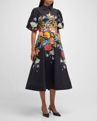 Teri Jon - Puff-Sleeve Floral-Print Midi Shirtdress - Lyst