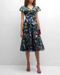 Teri Jon - A-Line Floral-Embroidered Tulle Midi Dress - Lyst