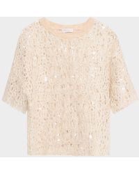 Brunello Cucinelli - Wool-Cashmere Sequined Open-Knit Short-Sleeve Sweater - Lyst