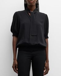 Lafayette 148 New York - Pleated Elbow-Sleeve Tie-Neck Blouse - Lyst
