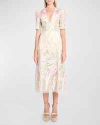 Elie Saab - Plunging Floral Embroidered Tulle Short-Sleeve Midi Dress - Lyst