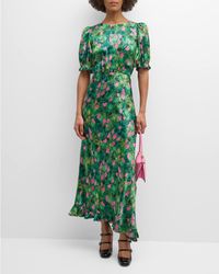 Saloni - Vida-d Puff-sleeve Floral Silk Midi Dress - Lyst