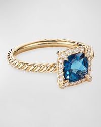 David Yurman - Petite Chatelaine Pave Bezel Ring In 18k Gold With Blue Topaz, Size 6 - Lyst