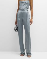 LAPOINTE - High-Rise Belted Pleated Straight-Leg Doubleface Satin Pants - Lyst