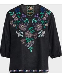 Johnny Was - Beaded Floral Split-Neck Linen Blouse - Lyst