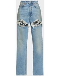 Area - Crystal Frayed Slit Barrel-Leg Jeans - Lyst