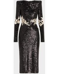 Naeem Khan - Floral Applique Stretch Sequined Strong-Shoulder Midi Dress - Lyst