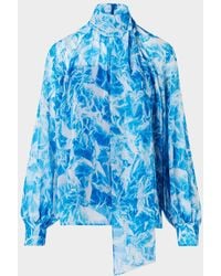 Akris - Whitecaps Printed Tie-Neck Silk Blouse - Lyst
