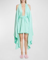 Balmain - Plunging Monogram Jacquard Cape-Sleeve Cold-Shoulder Mini Kaftan Dress - Lyst