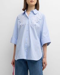 Maison Common - Flower-Applique 3/4-Sleeve Striped Cotton Collared Shirt - Lyst