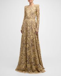 Naeem Khan - Floral Embroidered Long-Sleeve Strong-Shoulder Gown - Lyst