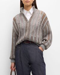 Brunello Cucinelli - Mohair Wool Lattice Knit Zip-Up Cardigan With Paillette Detail - Lyst