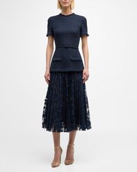 Oscar de la Renta - Short-Sleeve Tweed And Guipure Skirt Midi Dress With Self Belt - Lyst