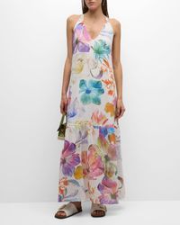 120% Lino - Sleeveless Floral-Print Linen Halter Maxi Dress - Lyst