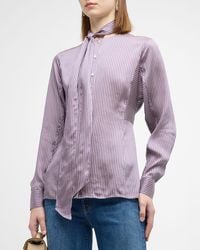Tory Burch - Striped Tie-neck Button-down Satin Blouse - Lyst
