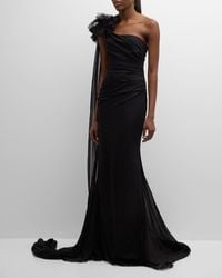 Pamella Roland - Chiffon Draped One-Shoulder Gown With Floral Detail - Lyst