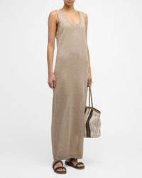 Brunello Cucinelli - Linen Silk Diamante Knit Column Dress With Monili Detail - Lyst