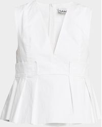 Ganni - V-Neck Pleated Cotton Peplum Top - Lyst