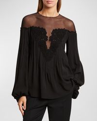 Chloé - Illusion Silk Top With Lace Detail - Lyst