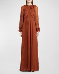 Alberta Ferretti - Pleated Drape Long-Sleeve Organic Chiffon Gown - Lyst