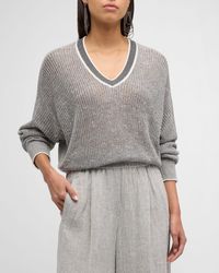 Brunello Cucinelli - V-neck Linen Paillette Knit Varsity Sweater - Lyst