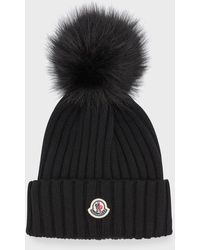 Moncler - Ribbed Wool Beanie With Faux Fur Pom - Lyst