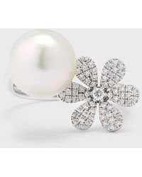 Pearls By Shari - 18k White Gold South Sea Pearl And Daisy Flower Pot Ring, Size 6.5 - Lyst
