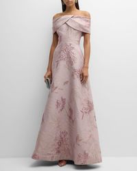 Teri Jon - Off-Shoulder Metallic Floral Jacquard Gown - Lyst