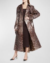 Dolce & Gabbana - Leopard-Print Belted Shiny Long Trench Coat - Lyst
