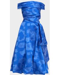 Talbot Runhof - Off-The-Shoulder Draped Floral Jacquard Midi Dress - Lyst
