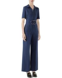 Gucci Wool Silk Belted Jumpsuit - Blue