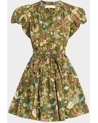 Ulla Johnson - Izel Paisley-Print Cotton Puff-Sleeve Tie-Waist Mini Dress - Lyst