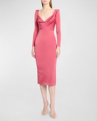 Alex Perry - Cowl-Neck Strong-Shoulder Long-Sleeve Satin Crepe Midi Dress - Lyst