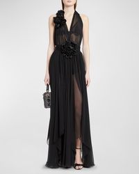 Dolce & Gabbana - Flower Applique Halter Silk Chiffon Gown With Detachable Underskirt - Lyst