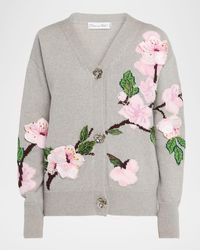 Oscar de la Renta - Cherry Blossom Jacquard V-Neck Cardigan - Lyst