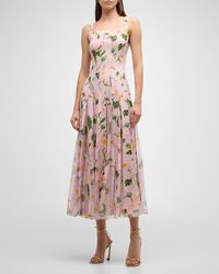 Oscar de la Renta - Square-Neck Painted Poppies Pleated Cady Sleeveless Midi Dress - Lyst