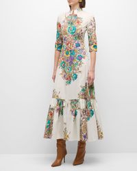 Etro - Bouquet Floral-print 3/4-sleeve Cotton Maxi Dress - Lyst