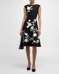 Carolina Herrera - Flare Knit Midi Dress With Floral Detail - Lyst