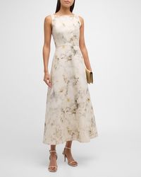 Lafayette 148 New York - Sleeveless Leaf-Print Silk-Linen Midi Dress - Lyst