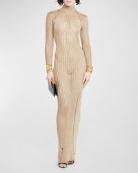 Tom Ford - Metallic Knit Turtleneck Long-Sleeve Open-Back Maxi Gown - Lyst