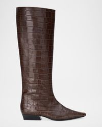 STAUD - Wally Croc-Embossed Leather Flat Knee-High Boots - Lyst