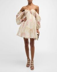 Giambattista Valli - Floral-Print Sweetheart-Neck Long-Sleeve Empire-Waist Mini Dress - Lyst