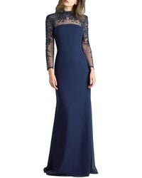 Basix Black Label Beaded Mock-neck Long-sleeve Sheer-yoke Gown - Blue